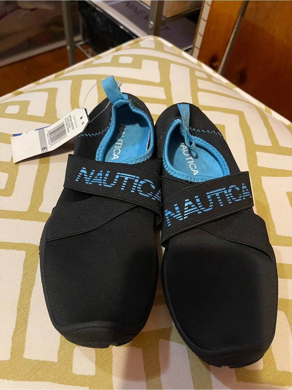 Nautica Black Slip-On Water Shoes with Blue Interior and Logo Strap
